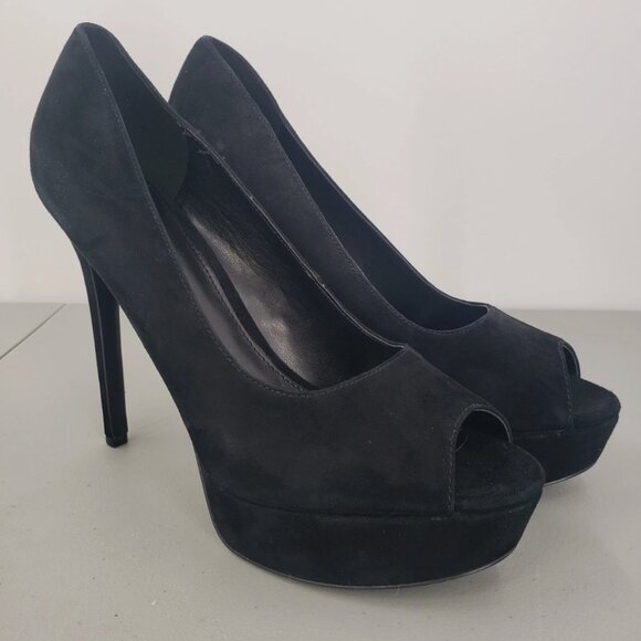 Guess CACEI Pump Womens 9.5M Black Suede Stiletto Slip On High Heels Peep Toe - Picture 1 of 16